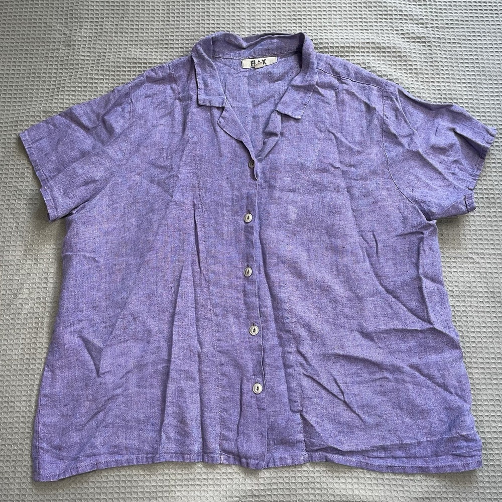 Flax 100% Linen Shirt Large Womens Purple Short Sleeve Button Up Lagenlook